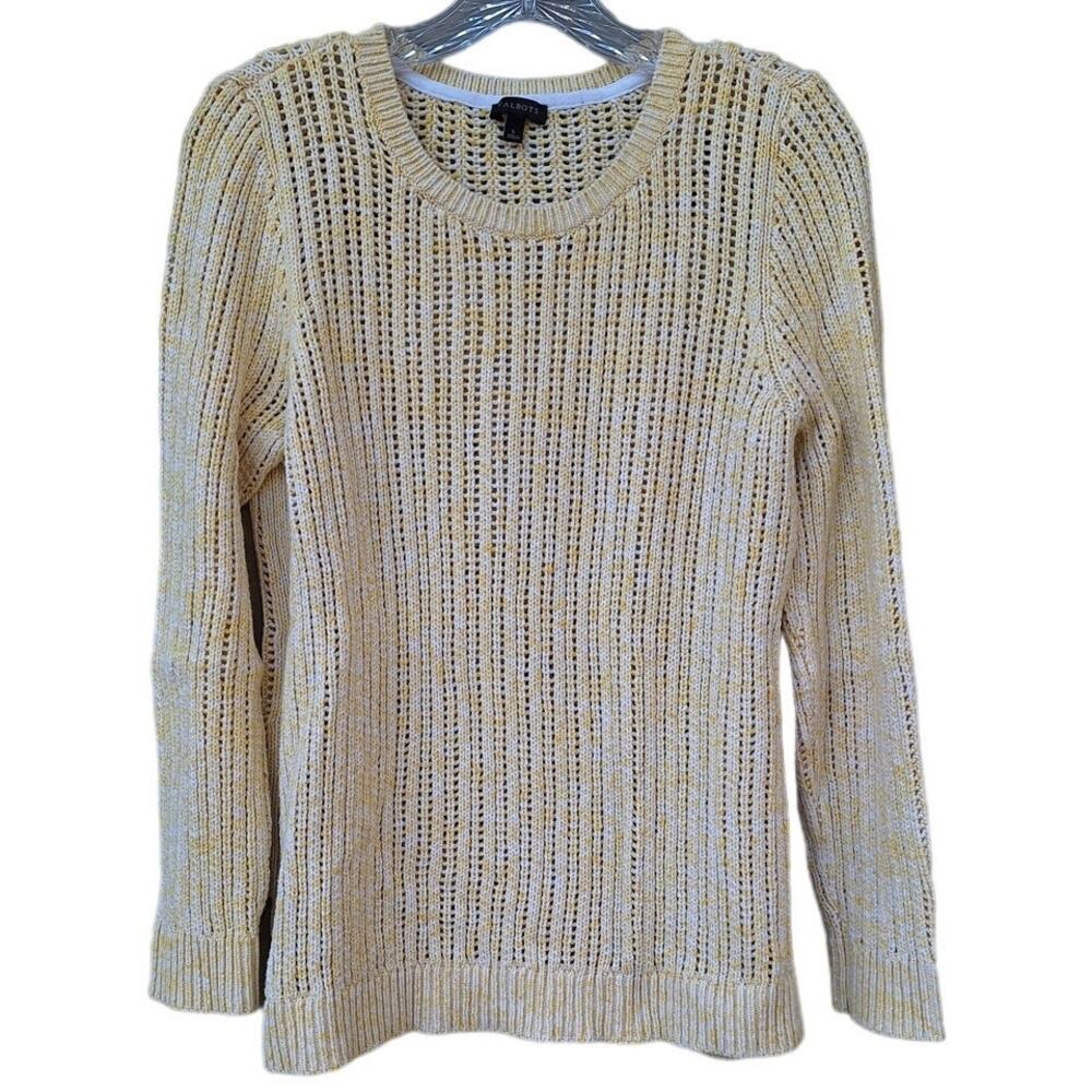 Talbots Open Knit eyelets Cotton Pastel Yellow Sweater Size L Cottage Coastal